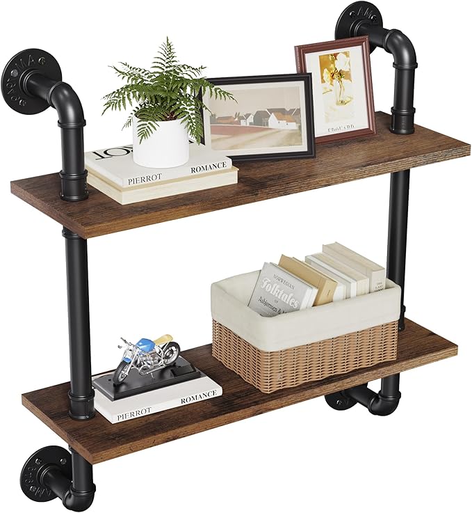 Merapi 24" Industrial Pipe Shelves Wall Mounted, 2 Tier Rustic Floating Shelves by Merapi