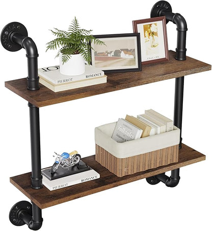 Merapi 24" Industrial Pipe Shelves Wall Mounted, 2 Tier Rustic Floating Shelves by Merapi