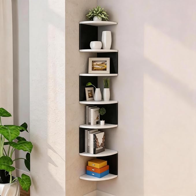 No-Drill Corner Shelf Wall Mount, 7-Tier Floating Corner Bookshelf by Frawenleco