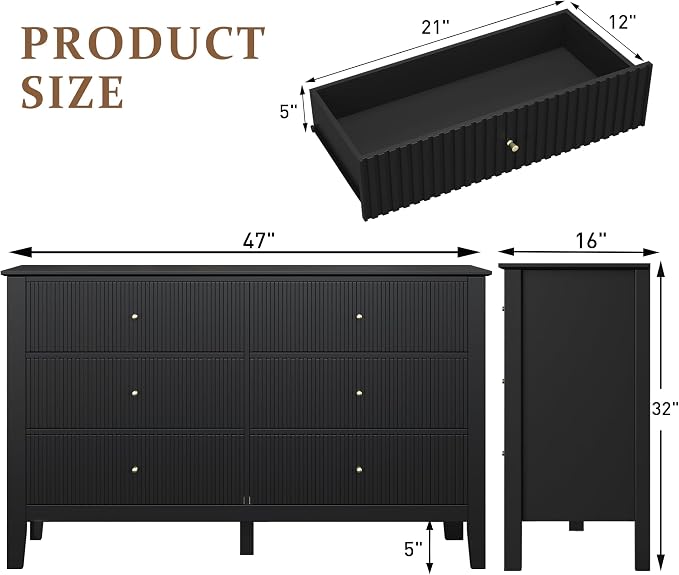 RoyalCraft Black 6 Drawer Dresser Set of 2, Fluted Modern Wood Dresser - Image 2