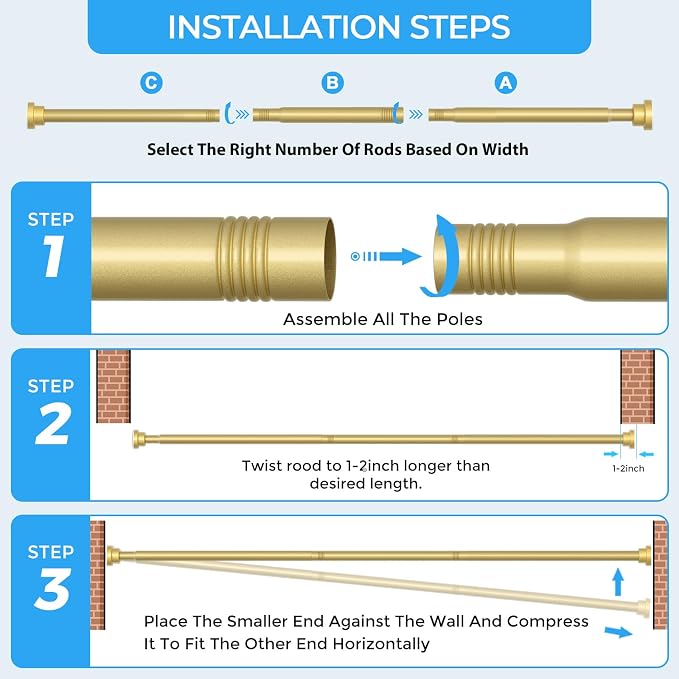 AIZESI Tension Curtain Rod 28 to 48 Inch Adjustable No Drilling, No Slip - Image 6