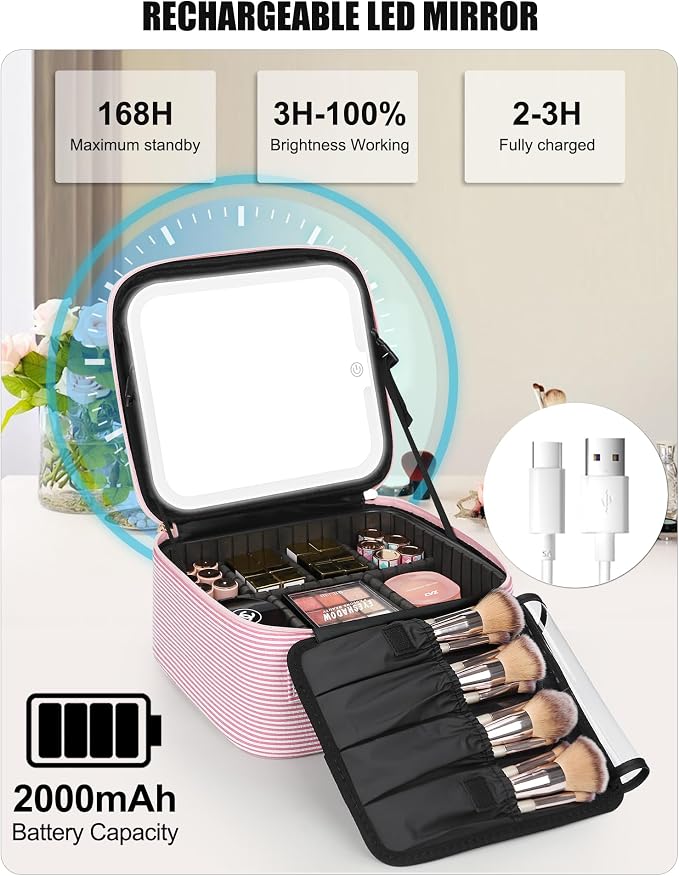 Relavel Travel Makeup Bag With LED Mirror, Portable Cosmetic Bag Organizer with - Image 6