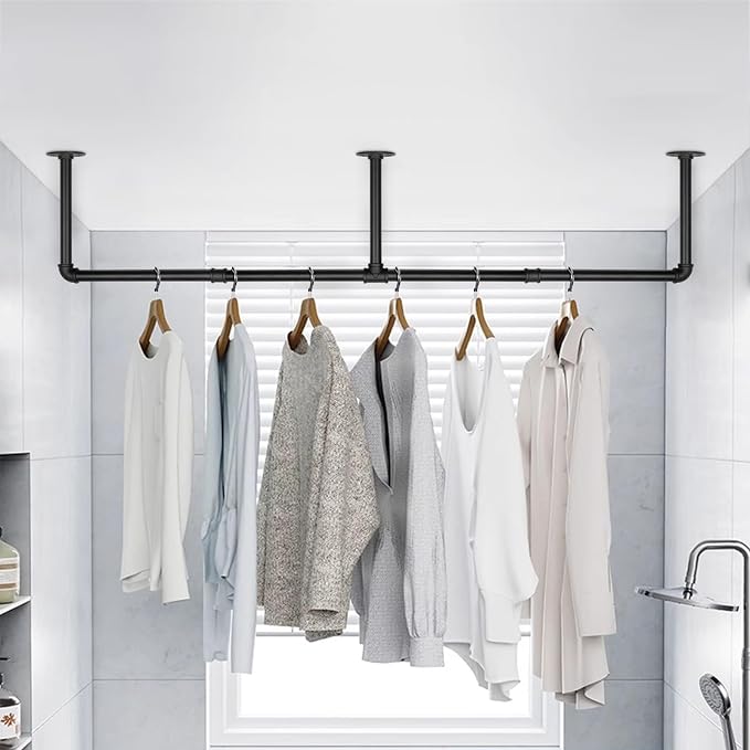 Industrial Iron Pipe Clothes Hanging Bar DIY Wall-Mounted Garment Rack Heavy - Image 7