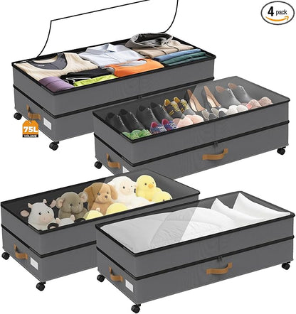 Under Bed Storage with Wheels 4-Pack, 75L XXL Under the Bed Storage Containers by Unknown