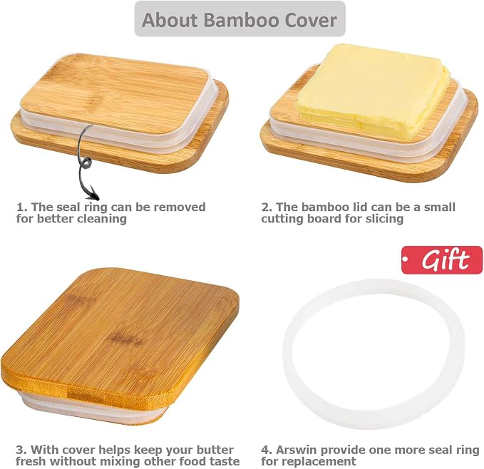 Porcelain Butter Dish with Lid, Ceramic Butter Dish with Bamboo Lip, Butter - Image 4