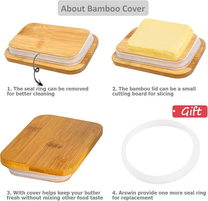 Porcelain Butter Dish with Lid, Ceramic Butter Dish with Bamboo Lip, Butter - Image 4