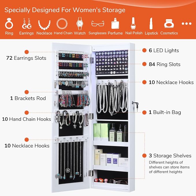 GISSAR Full Length Mirror Jewelry Cabinet, 6 LEDs Jewelry Armoire Wall Mounted - Image 4