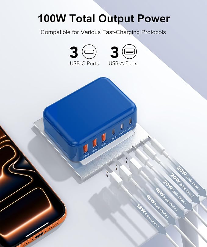 Fast Charger Block USB C, GaN 6 Port Charging Station Hub Cube, 100W Multiport - Image 2