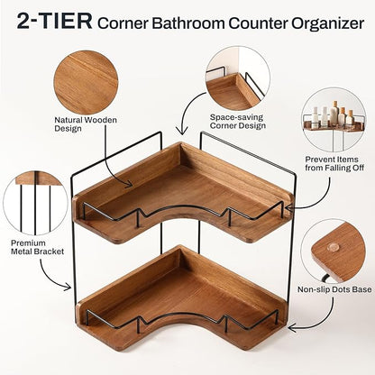 2-Tier Bathroom Counter Organizer, Wooden Corner Shelf - Image 3