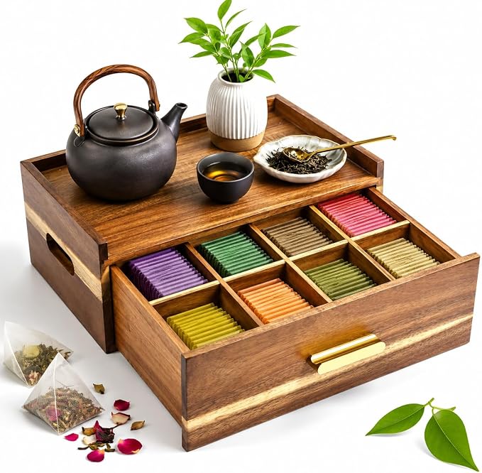Acacia Wood Tea Bag Organizer 8 Compartment Storage Box & Organizer by Unknown
