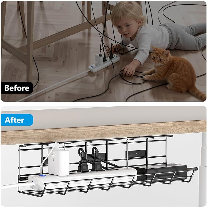 2 Pack DELAMU Under Desk Cable Management Tray, Metal Cord Cable Organizer - Image 7