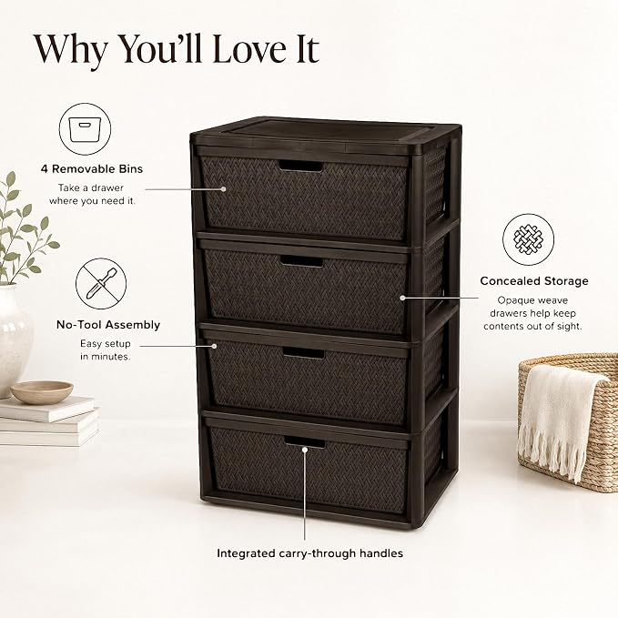 Wide 4-Drawer Plastic Storage Tower, Cross-Weave Floor Cabinet, tool-free - Image 7