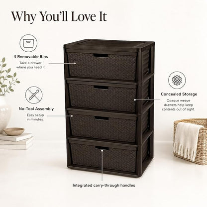 Wide 4-Drawer Plastic Storage Tower, Cross-Weave Floor Cabinet, tool-free - Image 7