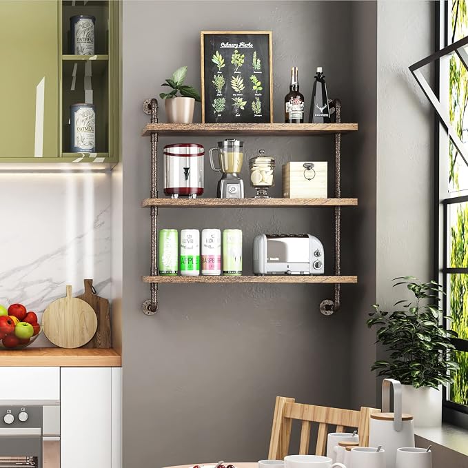 Helsin 3 Tier Industrial Pipe Shelf Rustic Wood Floating Wall Display Bookshelf - Image 2