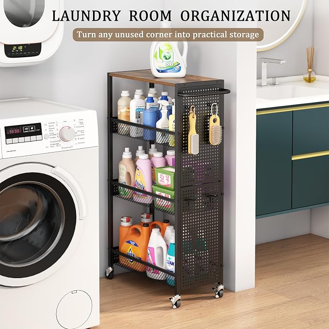 Utility Slim Storage Cart 4 Tier Small Rolling Kitchen Laundry Room - Image 7