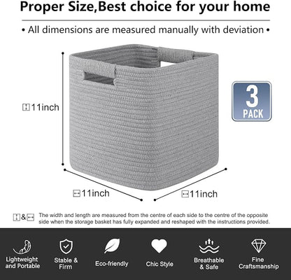 OIAHOMY Storage Cubes 11 Inch Bins-3-Pack, Cotton Rope Woven Baskets - Image 3