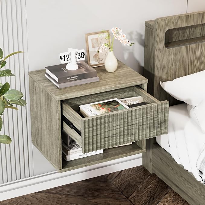 VINGLI Floating Nightstand Gray Fluted Night Stand 1 Drawer Bed Side Table - Image 7