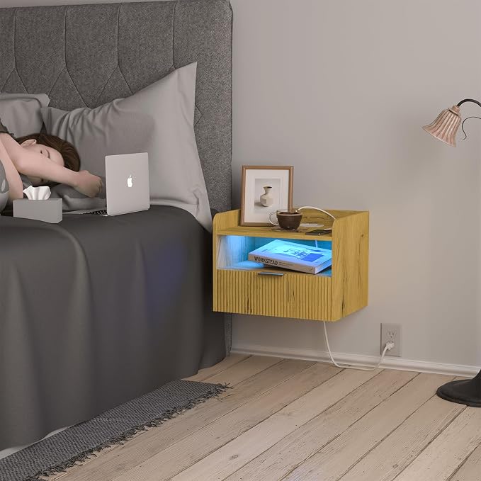 Floating Nightstand with Charging Station and LED Lights - Image 3