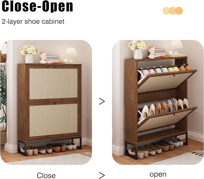 Rattan Shoe Cabinet with 2 Flip Drawers, Simple Setup Hidden Shoe Rack - Image 3