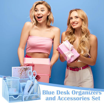 11 In 1 Blue Desk Organizer And Accessories, Light Blue Office Supplies Include - Image 7