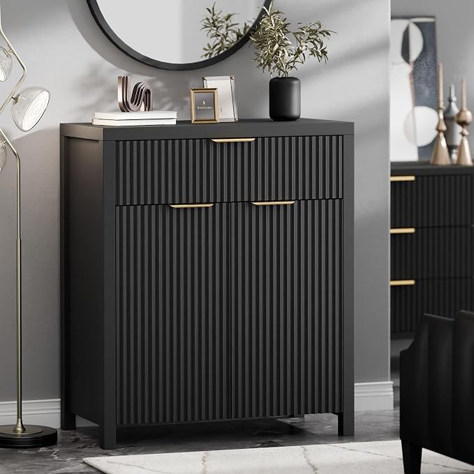 Lulive Fluted Buffet Cabinet for Kitchen, 28.3" Sideboard Cabinet Black | - Image 4
