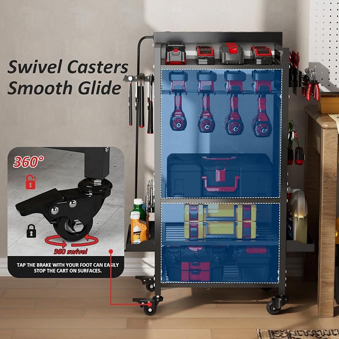 Power Tool Organizer Cart with 8 Charger Ports & Adjustable Storage, Garage - Image 4