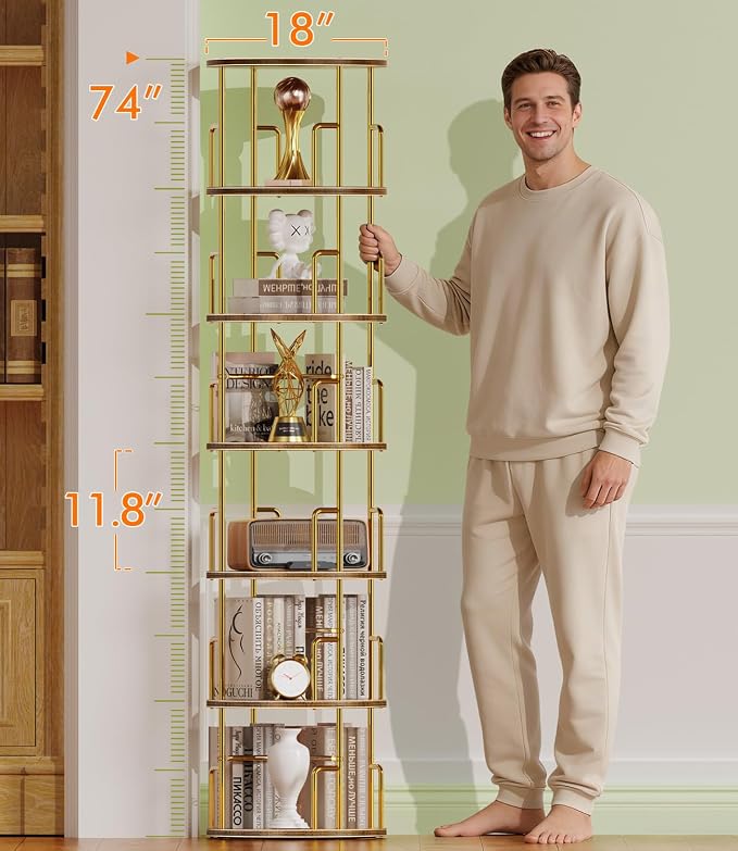 6 Tier Rotating Bookshelf Tower Round, 74” Tall Spinning Bookshelf Tower - Image 2