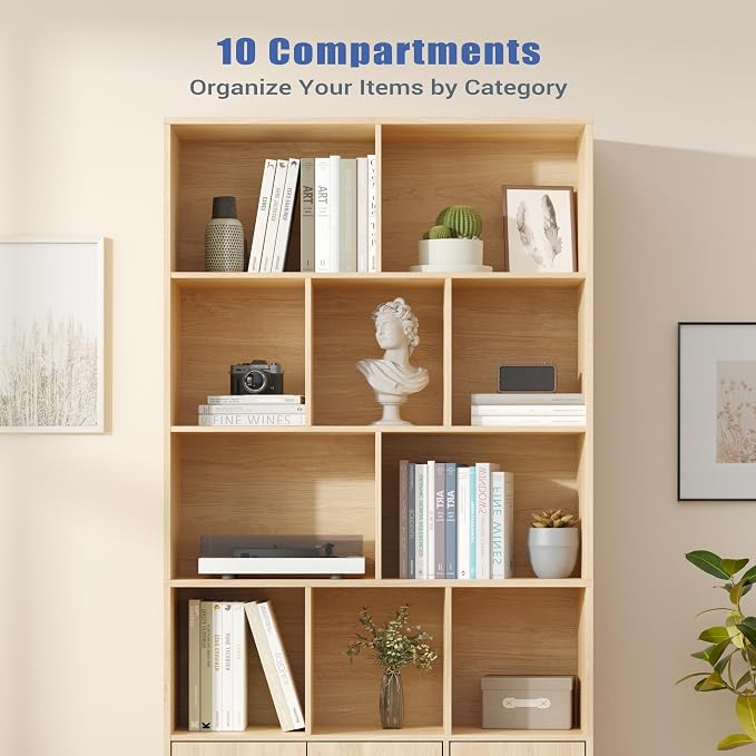 71" Tall Bookshelf with 10 Cubes and 3 Doors, 4-Tier Bookshelf, Open Shelf - Image 5