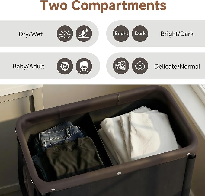 StorageWorks 2 Section Laundry Hamper, 100L Black Sorter Cart - Image 2