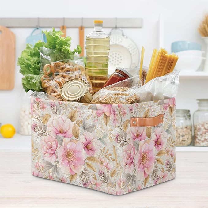 Pardick Pink Gold Flower Basket Storage Bins Large Fabric Toys Storage Cube Box - Image 7