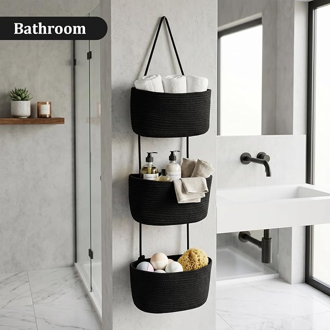 TeoKJ Over the Door Hanging Basket, 3-Tier Woven Cotton Wall-Mounted Storage - Image 6