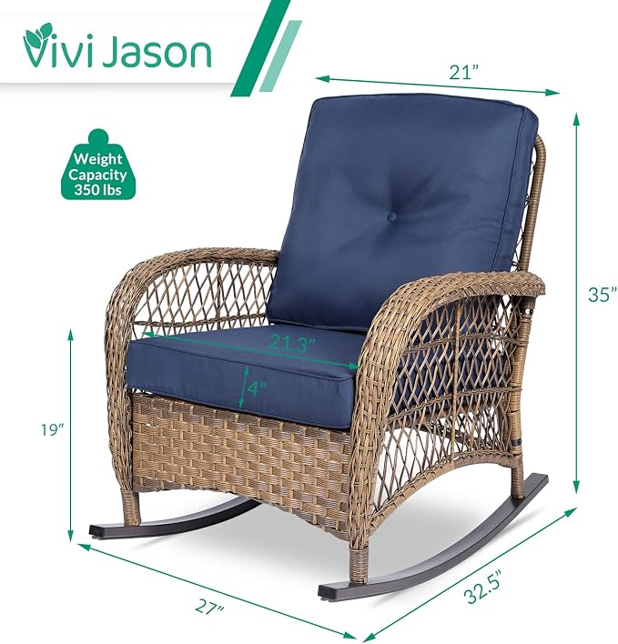 VIVIJASON 2 Piece Patio Wicker Rattan Rocker Chair, Outdoor Rattan Rocker Chair - Image 6