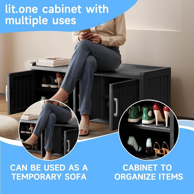 3 Doors Shoe Bench, Waterproof & UV-Resistant, Resin Shoe Cabinet Indoor & - Image 4