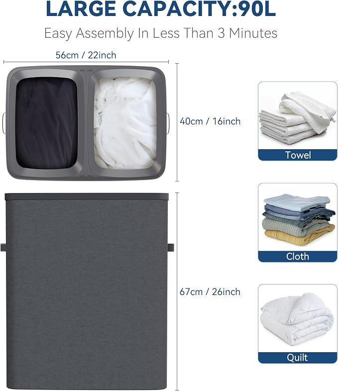 Dual Section 90 liter/23.8 gallon Laundry Hamper Separation Basket - Image 2