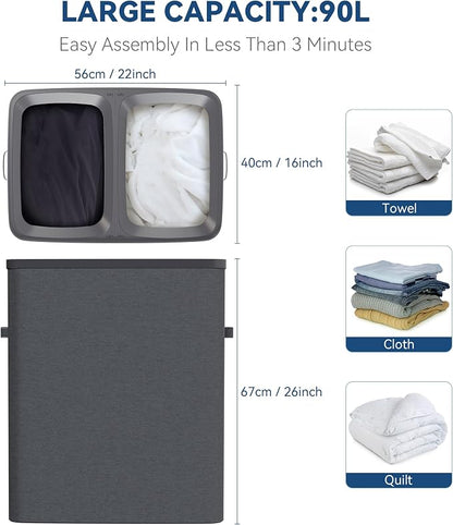 Dual Section 90 liter/23.8 gallon Laundry Hamper Separation Basket - Image 2