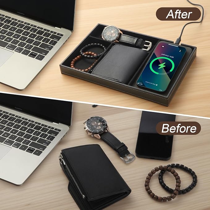 TopMade Valet Tray with Wireless Charging Pad Nightstand Organizer, Leather - Image 3