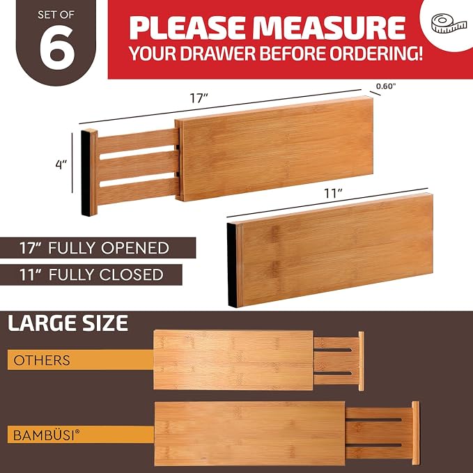 6 Pack Drawer Dividers 4 Inch High, 11”-17" Adjustable Bamboo Organizers Large - Image 6