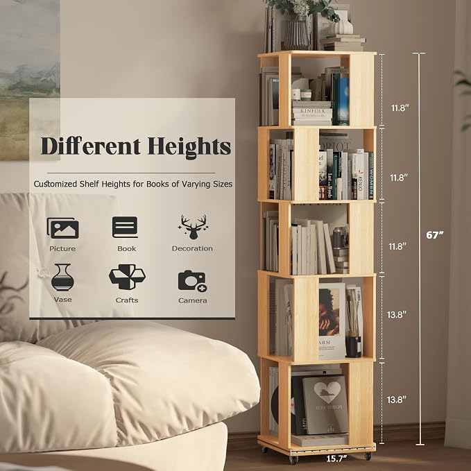 5 Tier Solid Wood Rotating Bookshelf Tower on Wheels, 360° Upgrade Spinning - Image 2