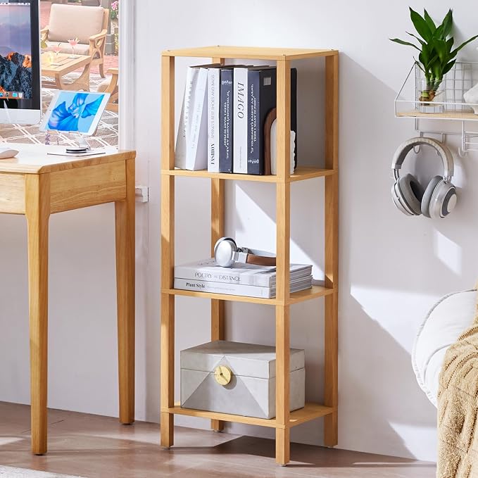 YUFAM 4 Tier Small Bookshelf, Narrow Tall Shelf, Wooden Book Shelf, Natural | - Image 3