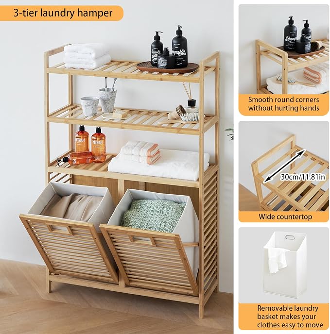 Double Tilt Out Laundry Hamper, Bamboo Hamper - Image 4