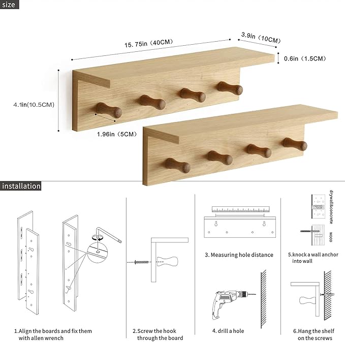 Entrance Coat Rack ，Coat Hooks, Wall-Mounted Wooden Hook Rack, Wall-Mounted - Image 4