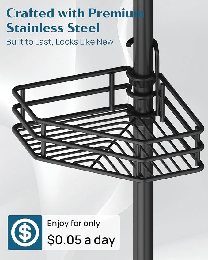 SEIRIONE Corner Shower Caddy Tension Pole, Quick Setup, Rust-Free Bathroom - Image 3