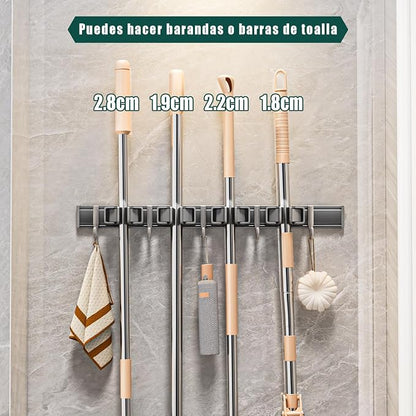 Broom Holder Wall Mount Movable Hooks and Clips Mop and Broom Hanger Wall - Image 2