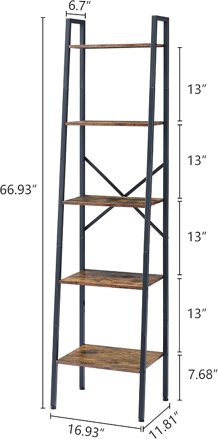 Hoctieon Industrial Ladder Bookshelf, 5-Tier Tall Bookshelf, Open Ladder Shelf - Image 2