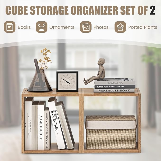 2 Stackable Cubes Bookcase, Wooden Cubby Storage Organizer - Image 4