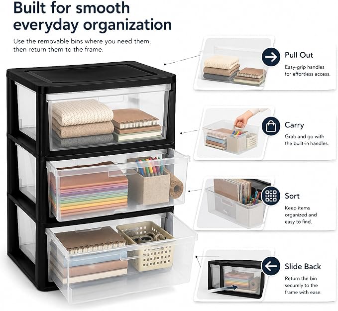 Wide 3 Drawer Plastic Storage Tower Clear Chest Organizer | Clear Removable - Image 4