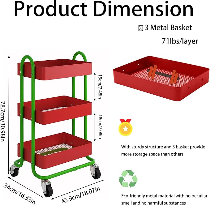 Metal Rolling Cart, 3-Tier Metal Rolling Cart - Image 3
