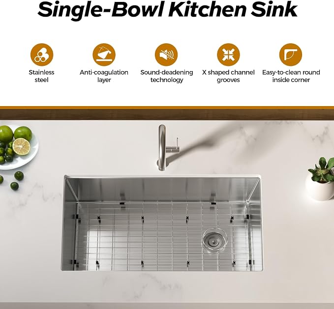 32 Inch Undermount Kitchen Sink, TECASA 18-gauge Stainless Steel Single Bowl - Image 6