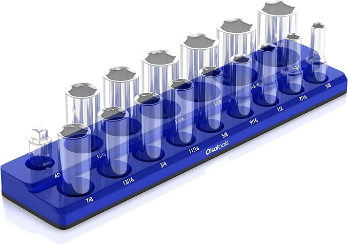 Olsa Tools Magnetic Socket Organizer | 1/2-inch Drive | SAE | Blue | Holds 16 by OlsaTools