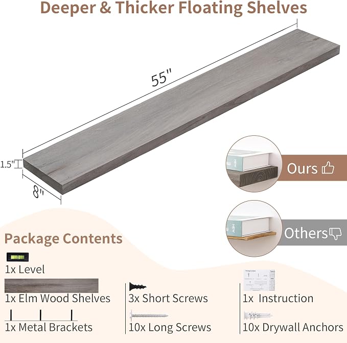Axeman Floating Shelves for Wall, Rustic Elm Wood 56'' W x 8" D Wall Shelf - Image 3